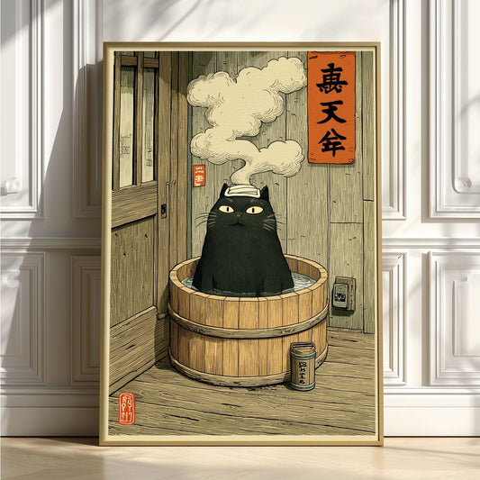 Black Cat Print, Japanese Bath Wall Art, Funny Cat Poster, Quirky Bathroom Decor