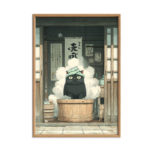 Grumpy Black Cat Japanese Bath Print, Vintage Spa Wall Art, Quirky Bathroom Decor