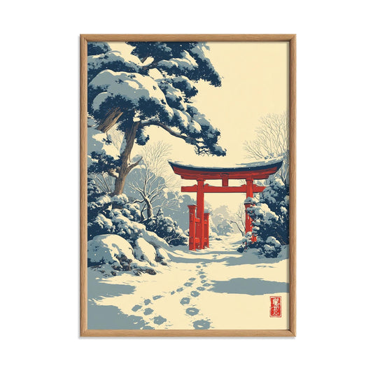 Snowy Torii Gate Art Print, Japanese Winter Wall Art, Red Shrine Poster, Zen Landscape Decor