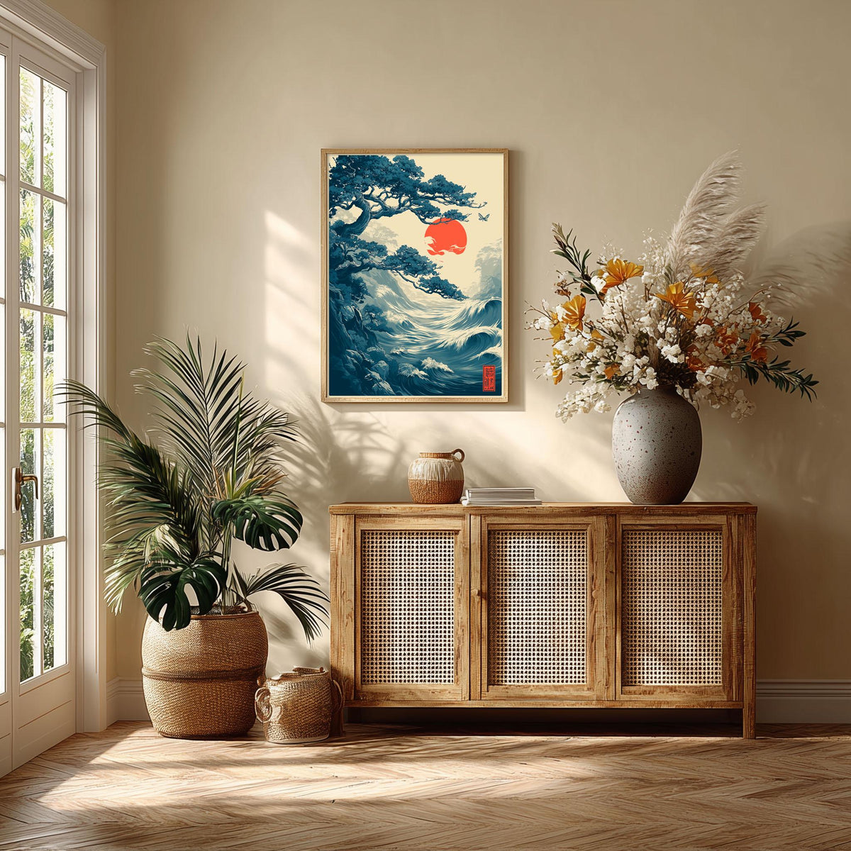 Japanese Wave Wall Art Print, Coastal Poster, Red Sun Art Print, Ukiyo-e Ocean Decor