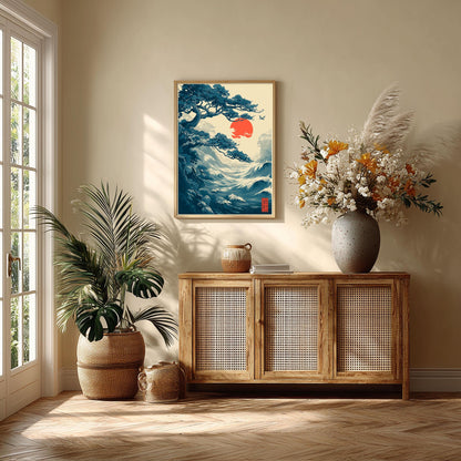 Japanese Wave Wall Art Print, Coastal Poster, Red Sun Art Print, Ukiyo-e Ocean Decor