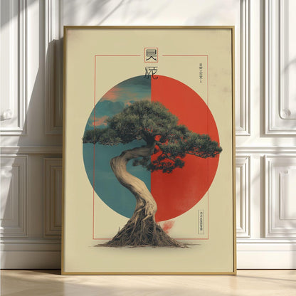 Bonsai Tree Poster | Japanese Wall Art | Red Sun Art Print | Minimal Japandi Decor