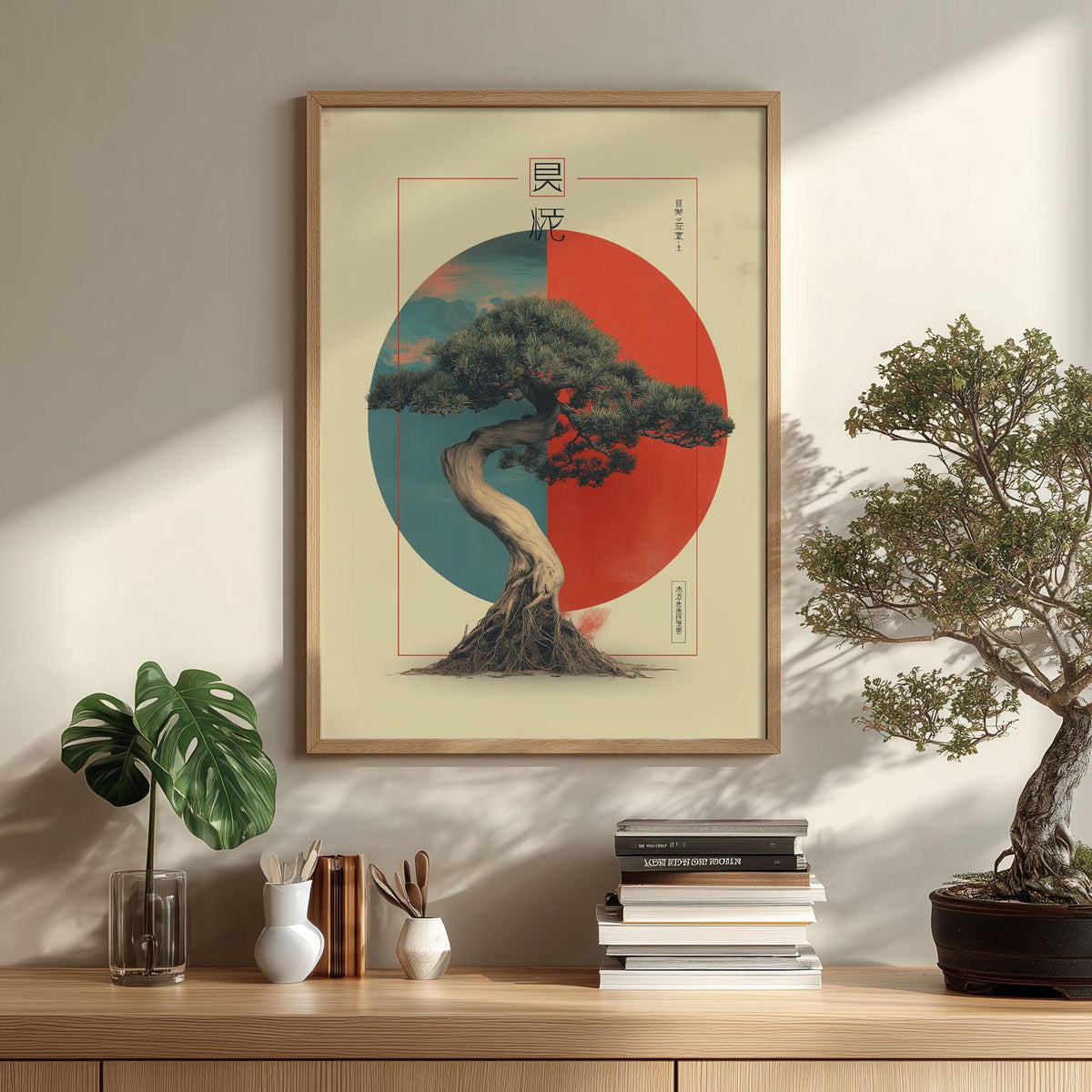 Bonsai Tree Poster | Japanese Wall Art | Red Sun Art Print | Minimal Japandi Decor