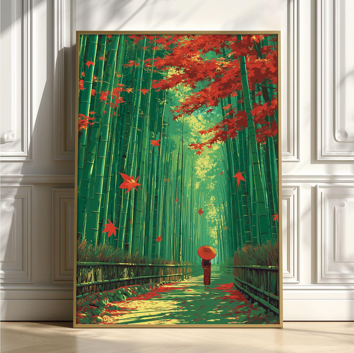 Bamboo Forest Poster, Japanese Autumn Wall Art, Woman with Umbrella Print