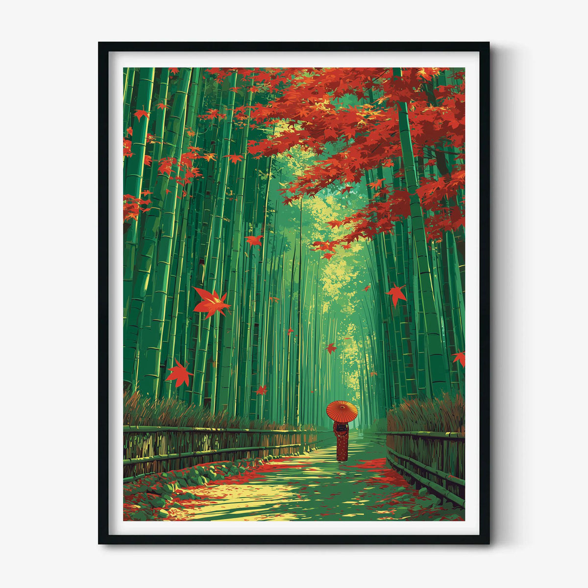 Bamboo Forest Poster, Japanese Autumn Wall Art, Woman with Umbrella Print