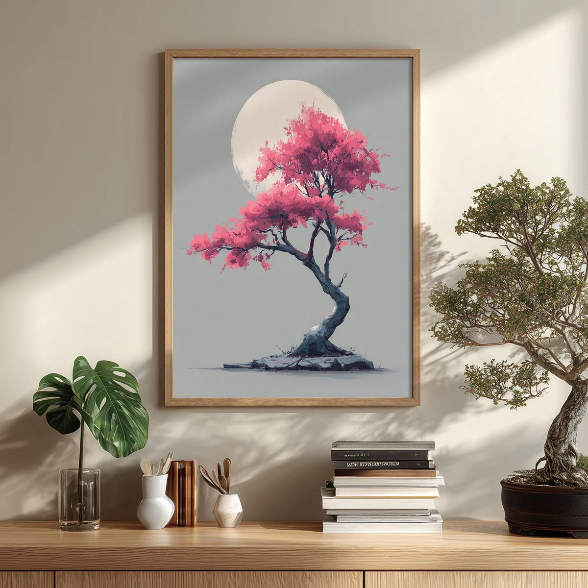 Cherry Blossom Art Print, Pink Moon Wall Art, Japanese Tree Poster, Minimal Japandi Decor