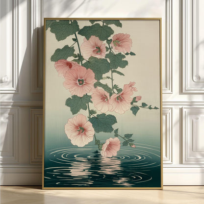 Hollyhock Wall Art Print, Japanese Botanical Flower Poster, Pink Floral Water Reflection Decor