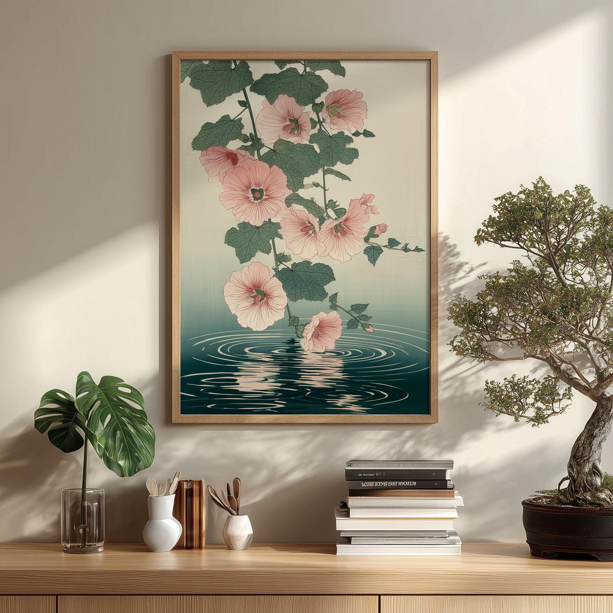 Hollyhock Wall Art Print, Japanese Botanical Flower Poster, Pink Floral Water Reflection Decor