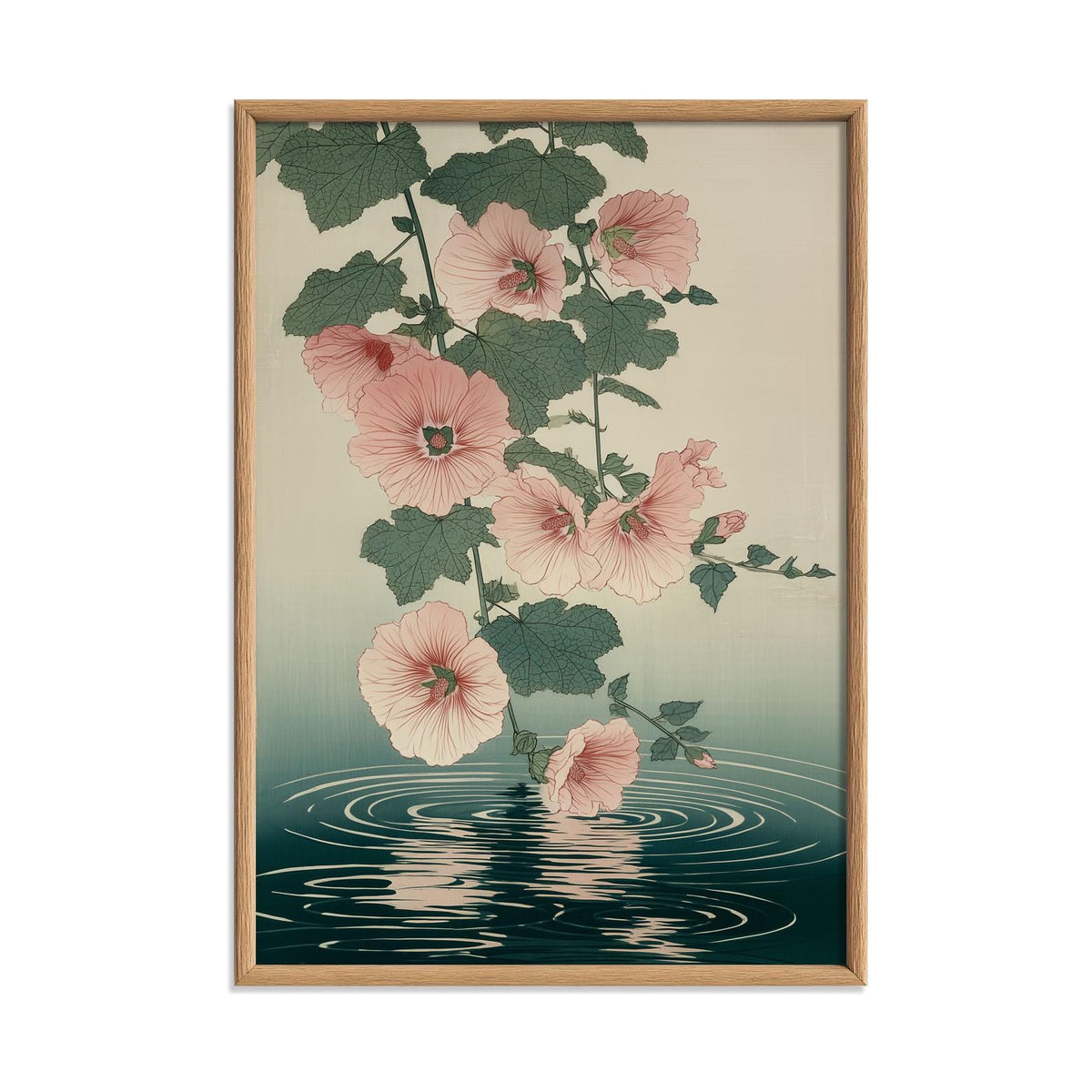 Hollyhock Wall Art Print, Japanese Botanical Flower Poster, Pink Floral Water Reflection Decor