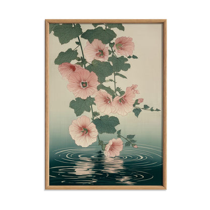 Hollyhock Wall Art Print, Japanese Botanical Flower Poster, Pink Floral Water Reflection Decor