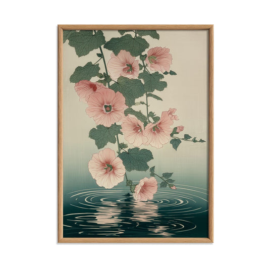 Hollyhock Wall Art Print, Japanese Botanical Flower Poster, Pink Floral Water Reflection Decor