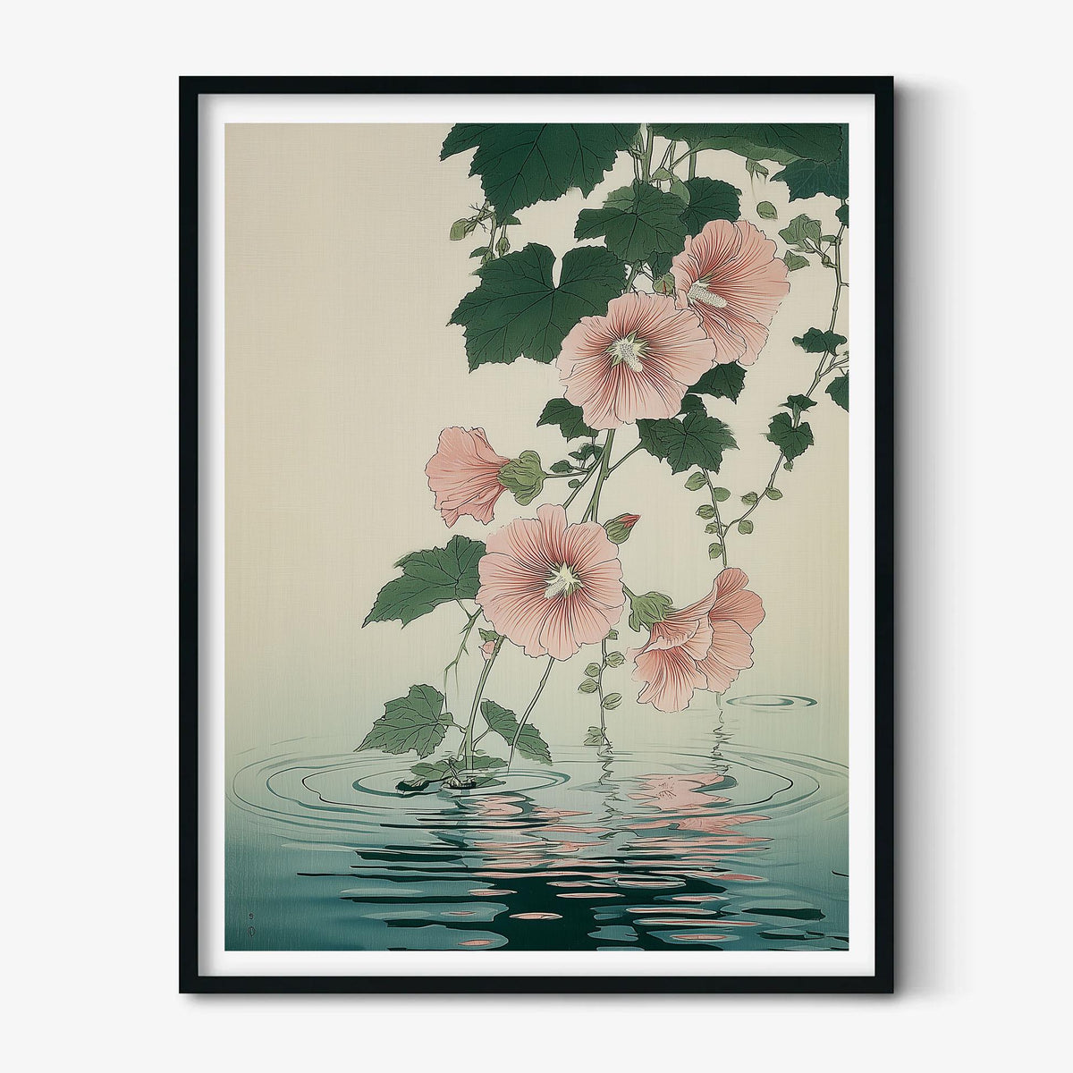 Hollyhock Poster, Japanese Botanical Flower Wall Art, Pink Floral Water Reflection Decor