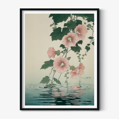 Hollyhock Poster, Japanese Botanical Flower Wall Art, Pink Floral Water Reflection Decor