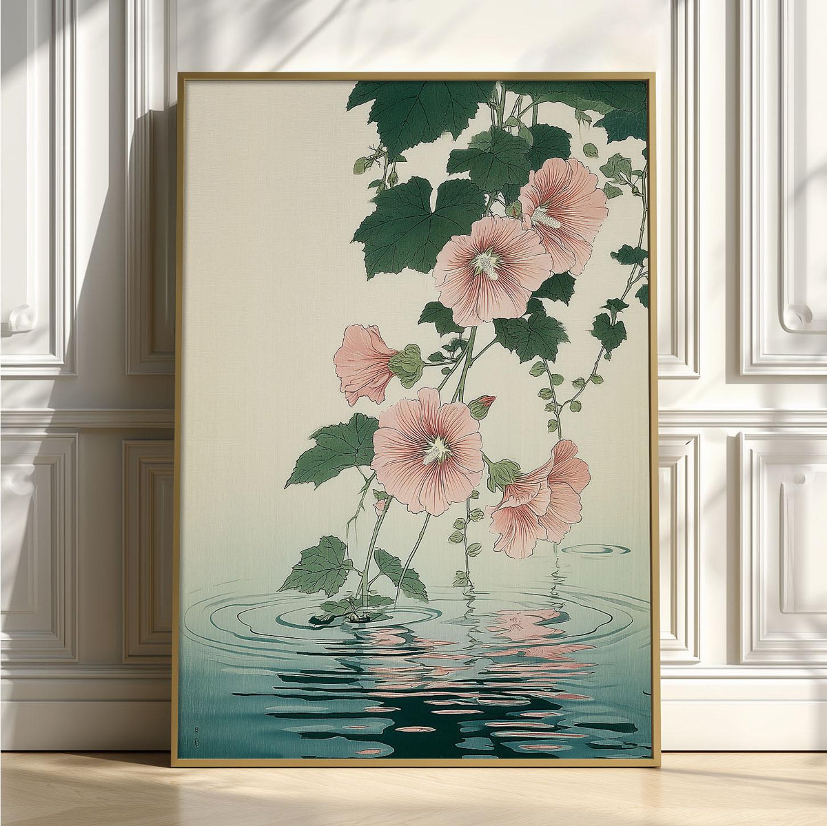 Hollyhock Poster, Japanese Botanical Flower Wall Art, Pink Floral Water Reflection Decor