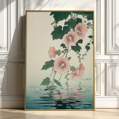 Hollyhock Poster, Japanese Botanical Flower Wall Art, Pink Floral Water Reflection Decor