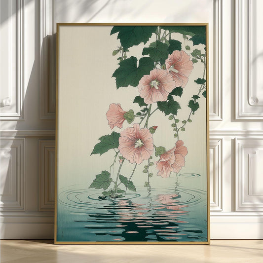 Hollyhock Poster, Japanese Botanical Flower Wall Art, Pink Floral Water Reflection Decor