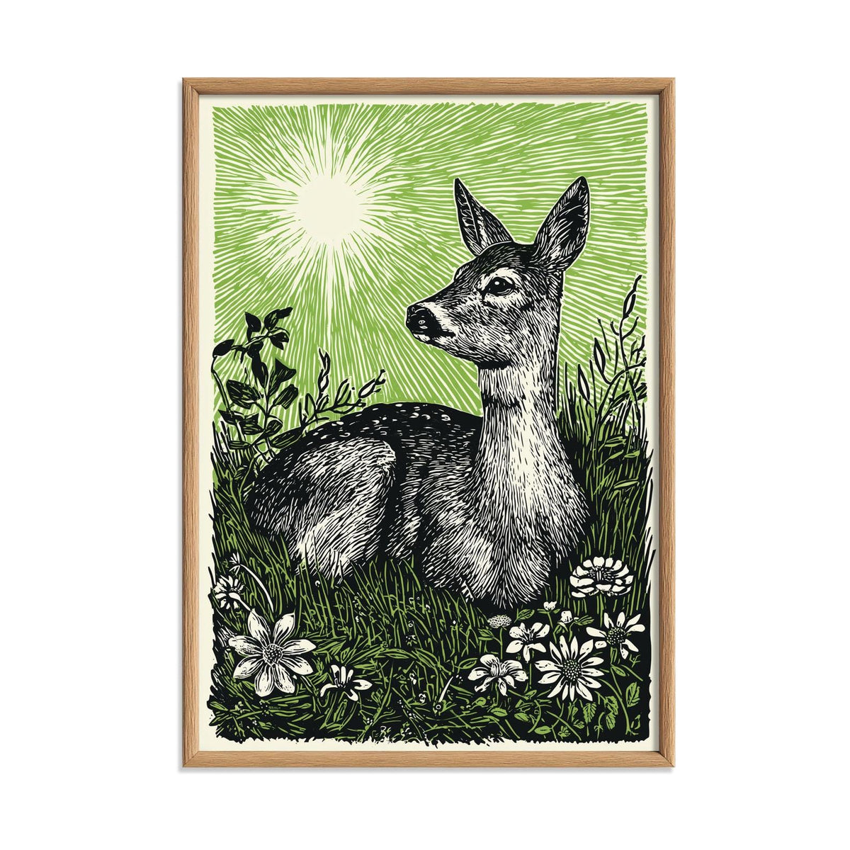 Deer Poster Print, Green Linocut Woodland Wall Art, Rustic Forest Animal Decor