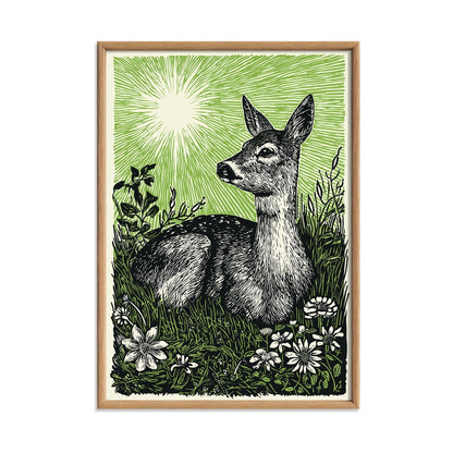 Deer Poster Print, Green Linocut Woodland Wall Art, Rustic Forest Animal Decor