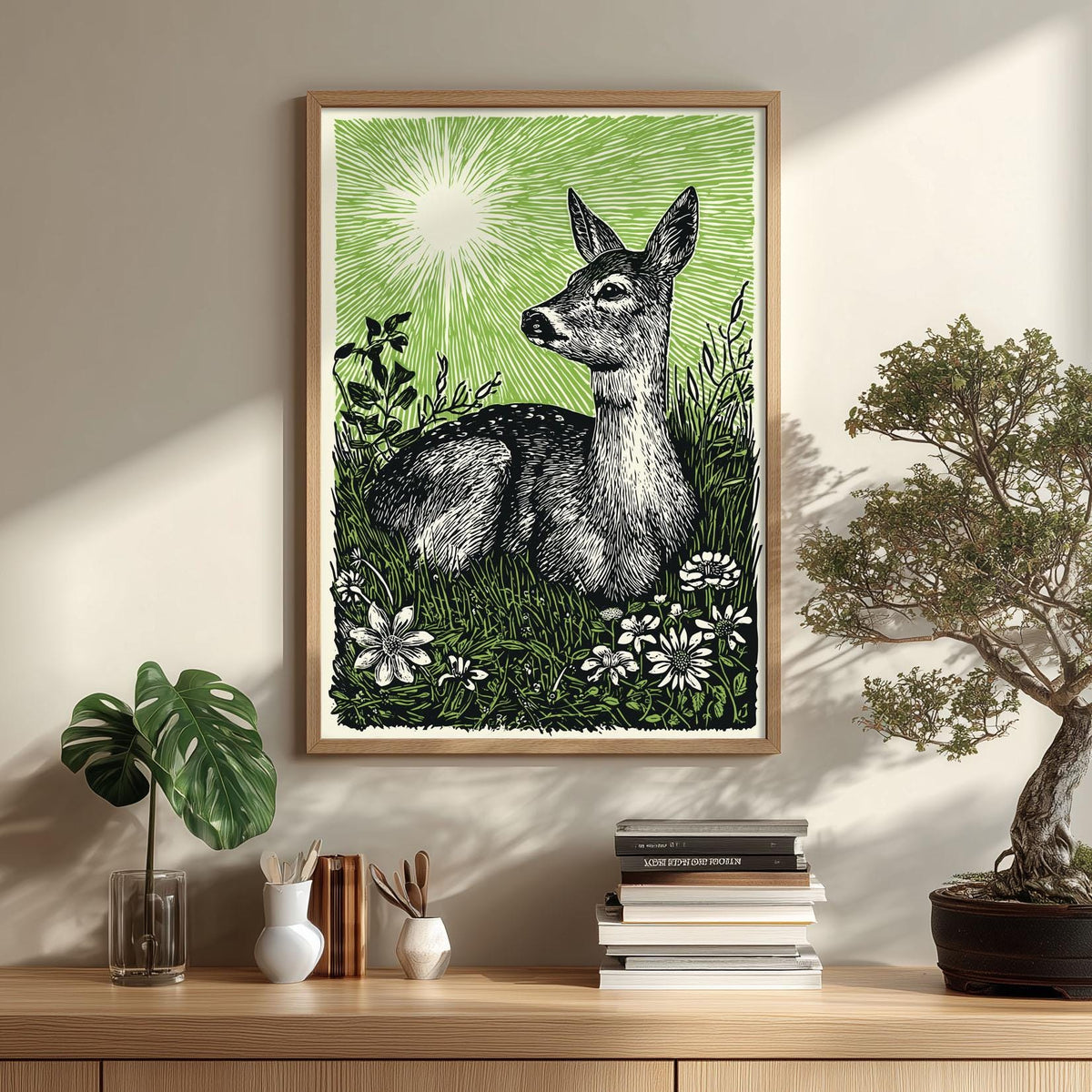 Deer Poster Print, Green Linocut Woodland Wall Art, Rustic Forest Animal Decor
