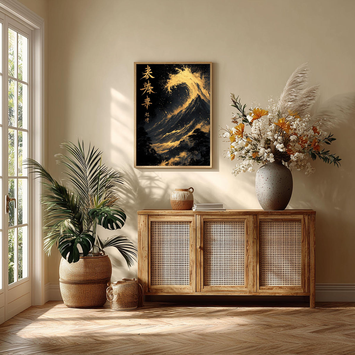 Gold Mountain Wave Print, Dramatic Chinese Calligraphy Wall Art, Black Gold Landscape Decor