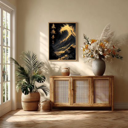 Gold Mountain Wave Print, Dramatic Chinese Calligraphy Wall Art, Black Gold Landscape Decor