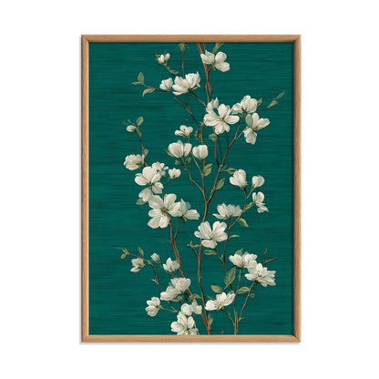 White Blossom Wall Art Print, Emerald Green Botanical Poster, Elegant Floral Decor
