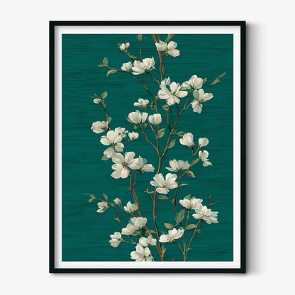 White Blossom Wall Art Print, Emerald Green Botanical Poster, Elegant Floral Decor