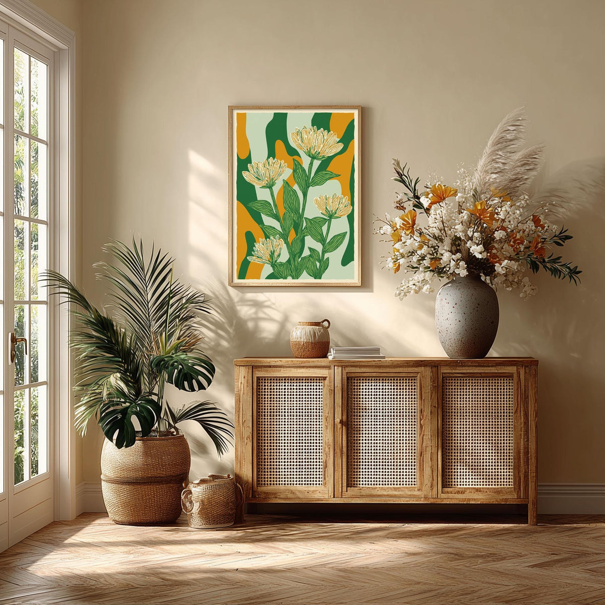 Floral Poster Print, Green Linocut Botanical Wall Art, Mustard Abstract Flower Decor