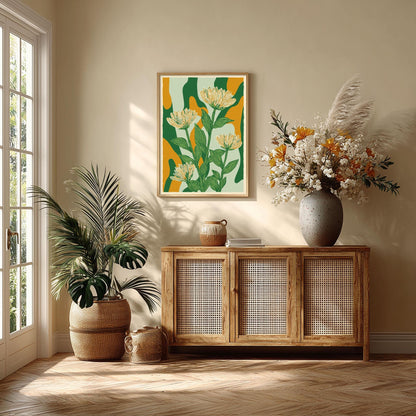 Floral Poster Print, Green Linocut Botanical Wall Art, Mustard Abstract Flower Decor