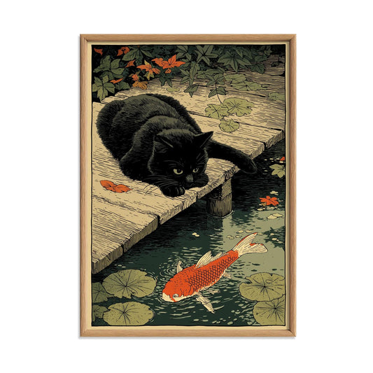 Black Cat Koi Pond Art Print, Japanese Folk Animal Wall Art, Whimsical Garden Decor