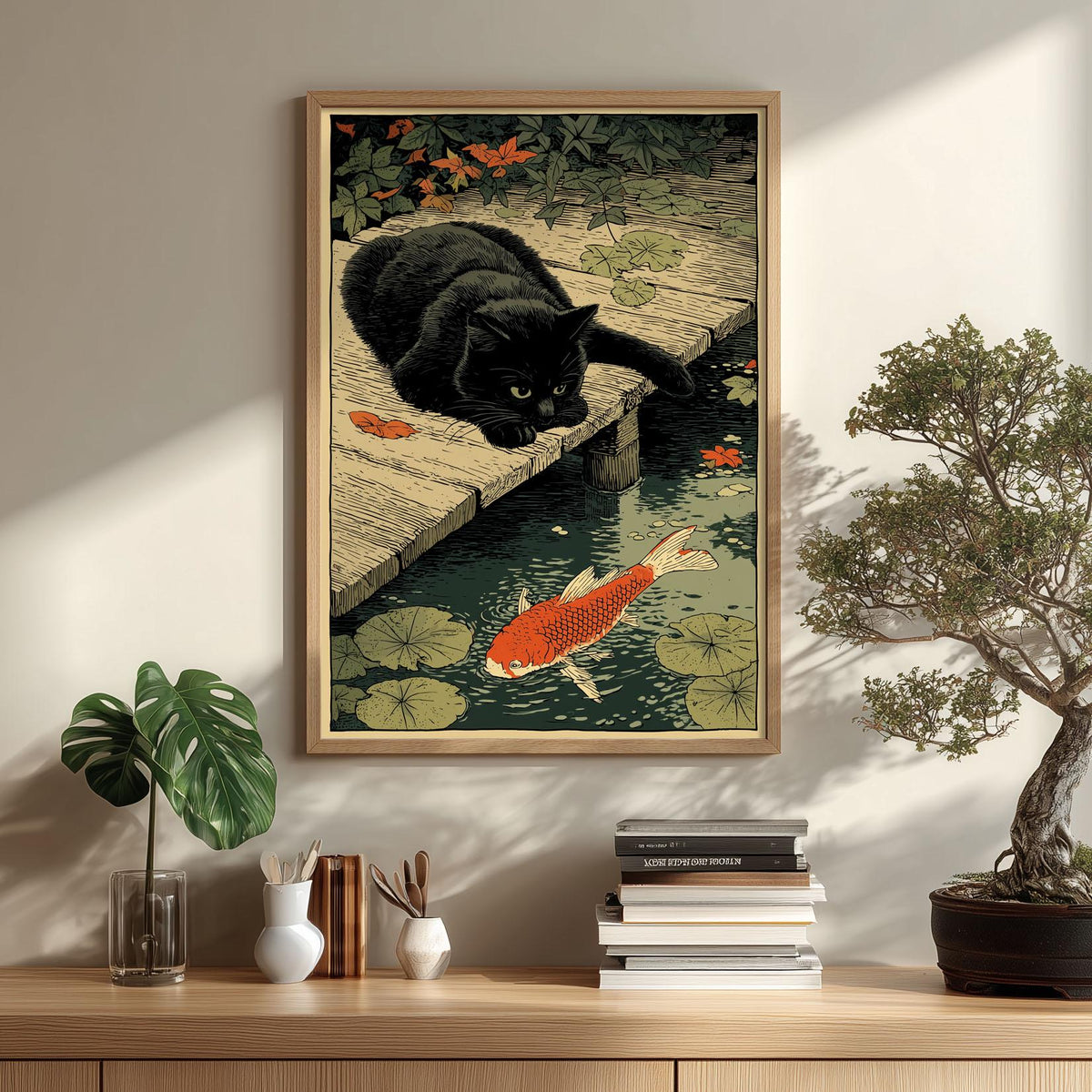 Black Cat Koi Pond Art Print, Japanese Folk Animal Wall Art, Whimsical Garden Decor