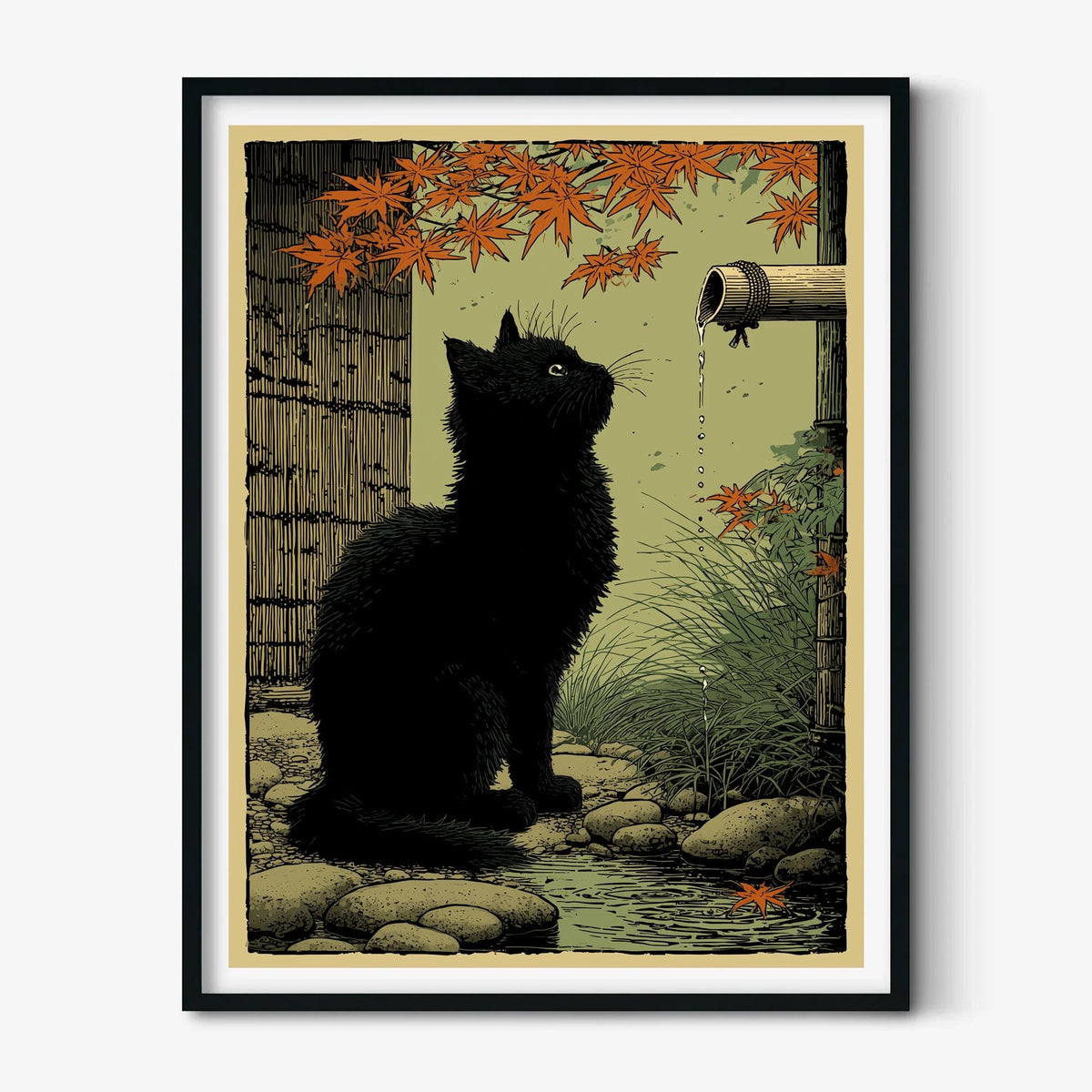 Black Cat Garden Print, Japanese Folk Wall Art, Autumn Maple Cat Decor