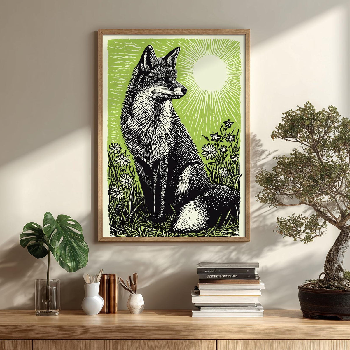 Fox Poster Print, Green Linocut Woodland Wall Art, Rustic Forest Animal Decor