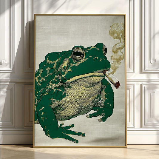 Smoking Frog Print, Funny Amphibian Wall Art, Vintage Animal Decor