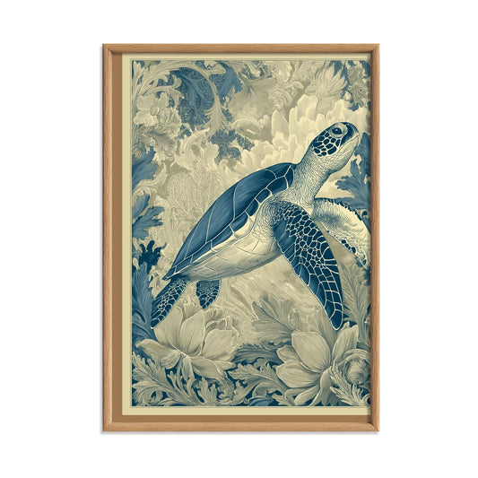 Sea Turtle Poster, Vintage Ocean Botanical Wall Art, Blue Coastal Animal Decor