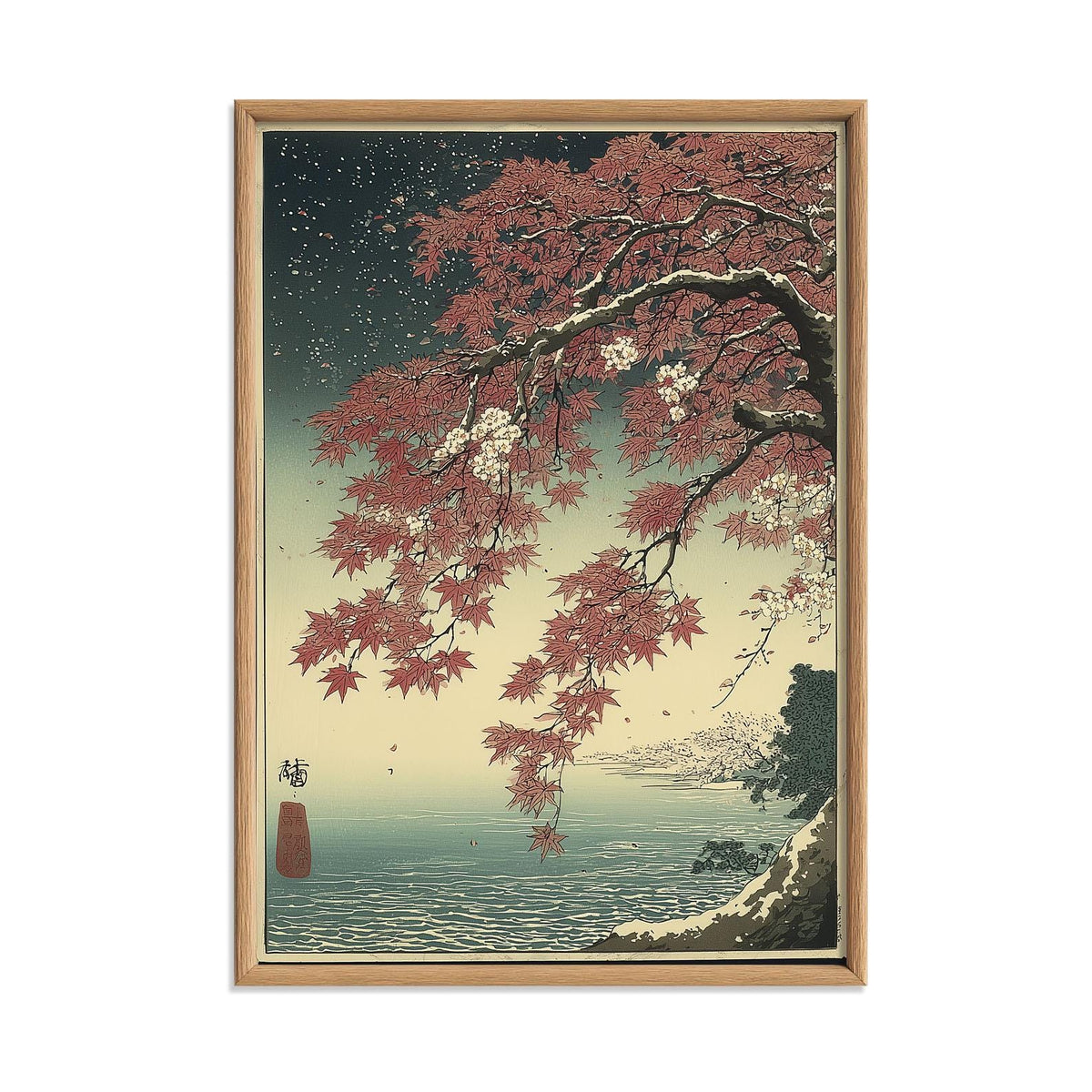 Japanese Coastal Art Print, Ukiyo-e Landscape Wall Art, Autumn Lake illustration