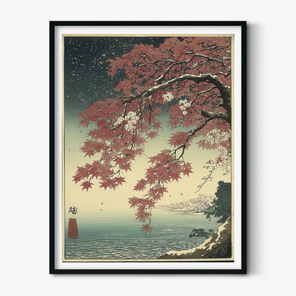 Japanese Coastal Art Print, Ukiyo-e Landscape Wall Art, Autumn Lake illustration