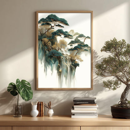Gold Jade Waterfall Print, Chinese Landscape Wall Art, Mountain Decor