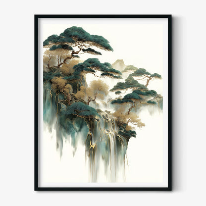 Gold Jade Waterfall Print, Chinese Landscape Wall Art, Mountain Decor