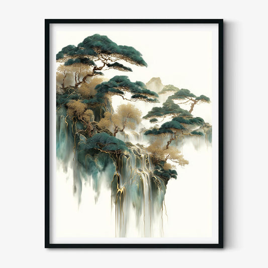 Gold Jade Waterfall Print, Chinese Landscape Wall Art, Mountain Decor