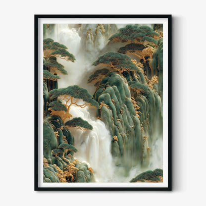 Chinese Waterfall Art Print, Gold Jade Carving Style, Mountain Landscape Decor