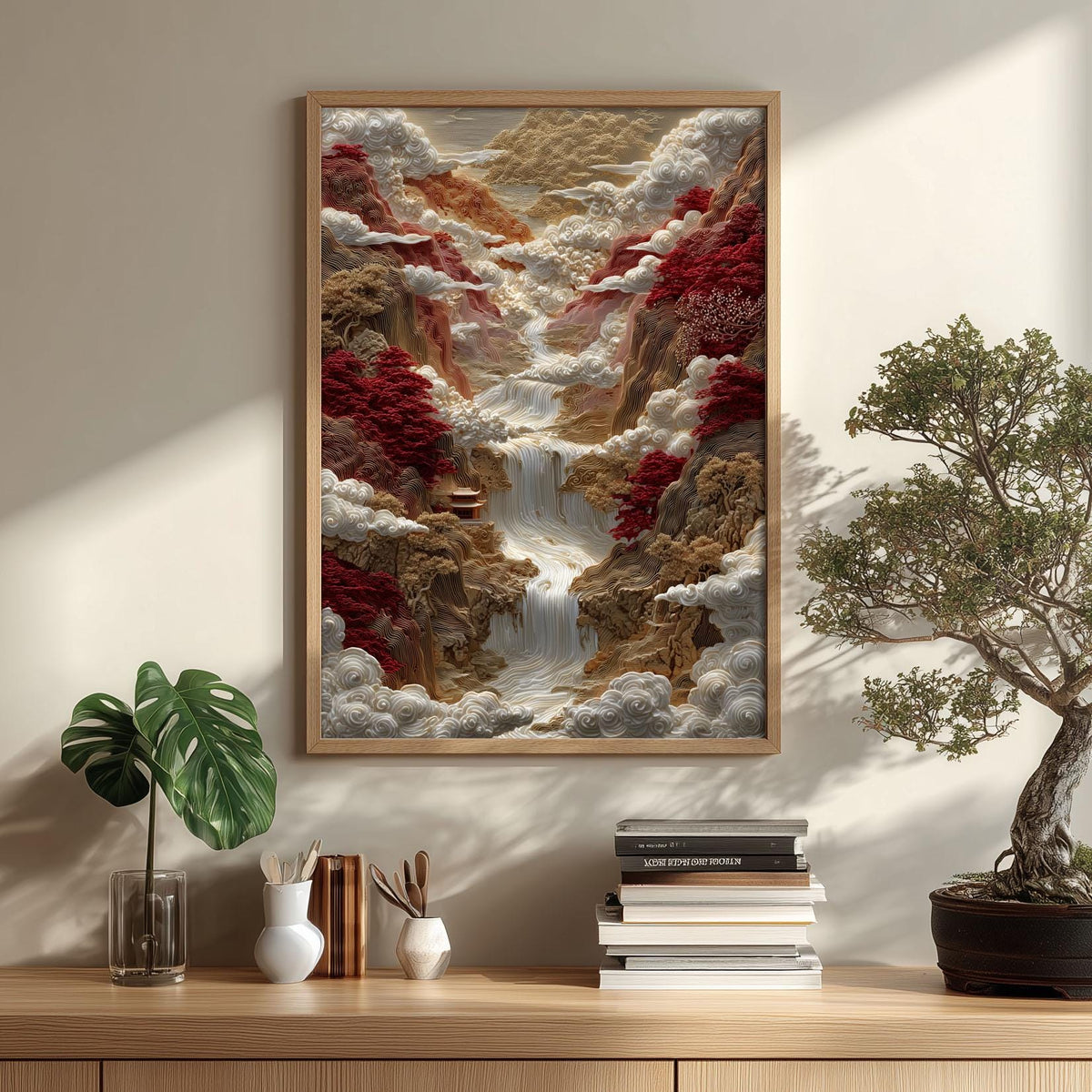 Red Mountain Waterfall Print, Gold Carved Chinese Landscape Style, Cloud Temple Decor