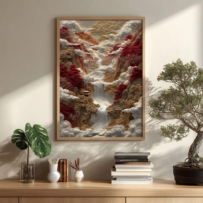 Red Mountain Waterfall Print, Gold Carved Chinese Landscape Style, Cloud Temple Decor