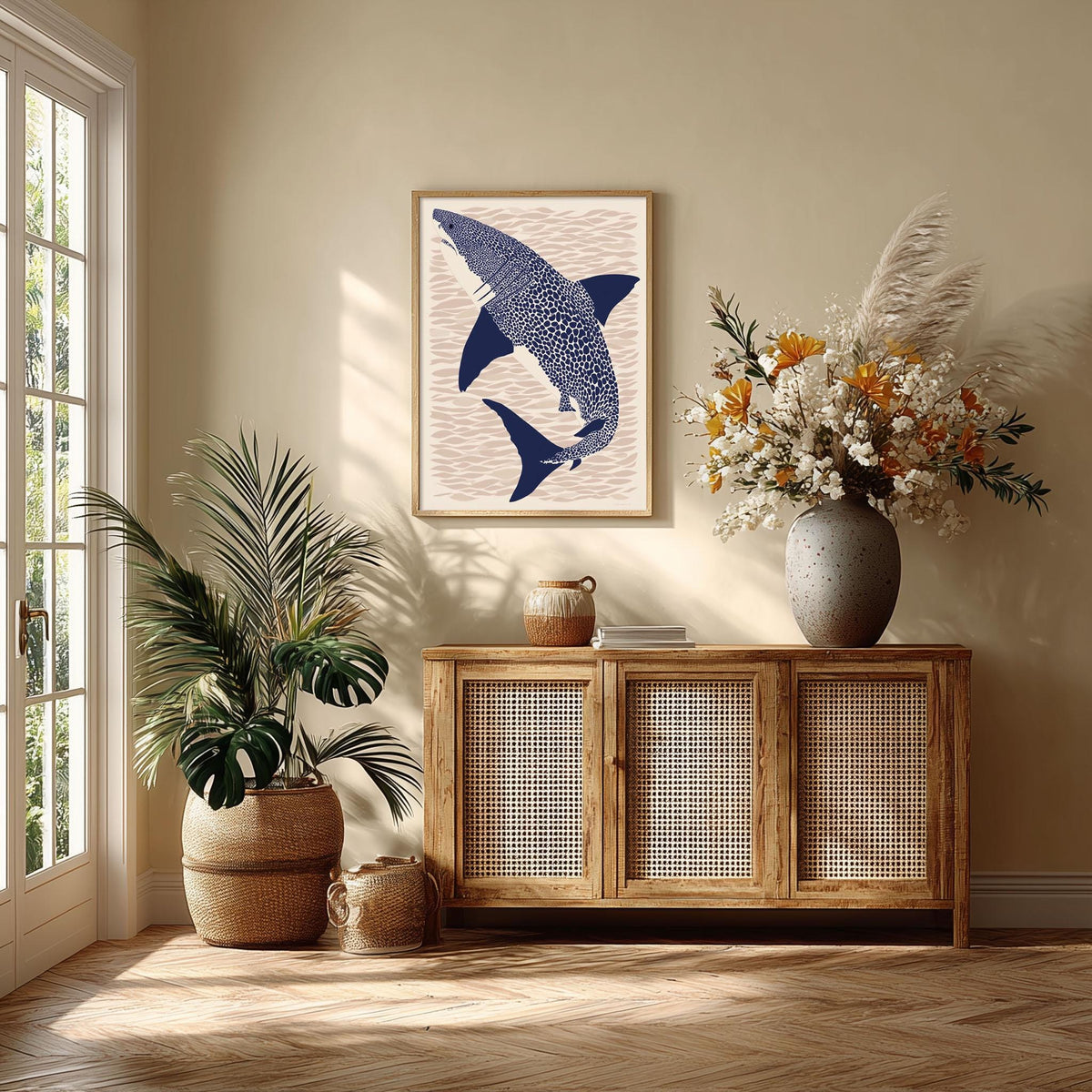 Great White Shark Poster Print, Navy Coastal Graphic Style, Ocean Predator Decor