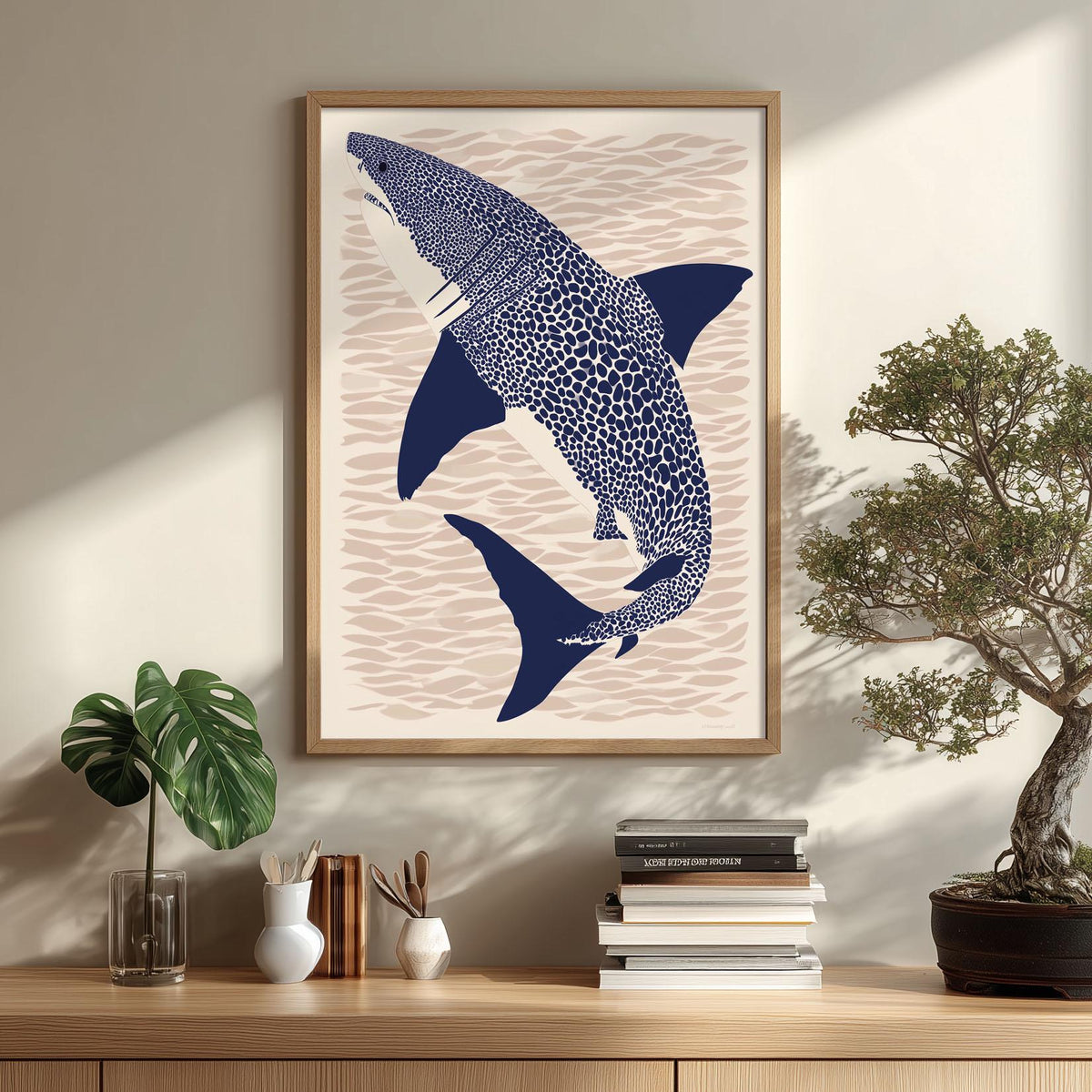 Great White Shark Poster Print, Navy Coastal Graphic Style, Ocean Predator Decor