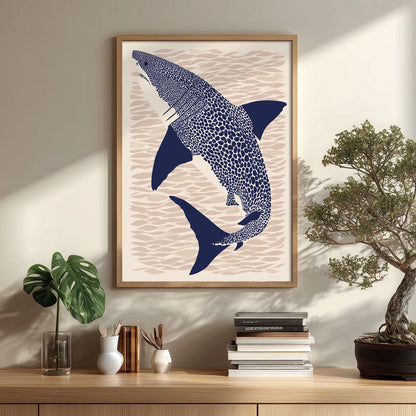 Great White Shark Poster Print, Navy Coastal Graphic Style, Ocean Predator Decor
