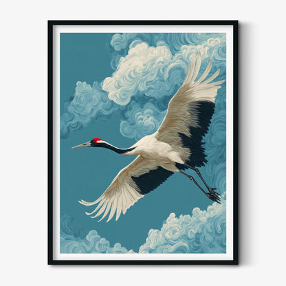 Japanese Crane Print, Majestic Flying Bird Wall Art, Dramatic Blue Sky Decor