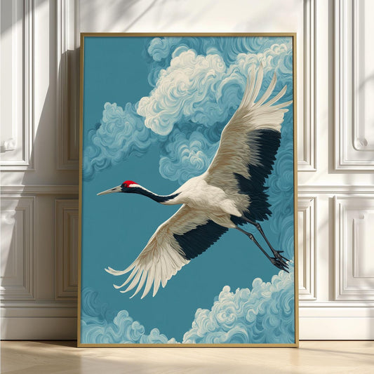 Japanese Crane Print, Majestic Flying Bird Wall Art, Dramatic Blue Sky Decor
