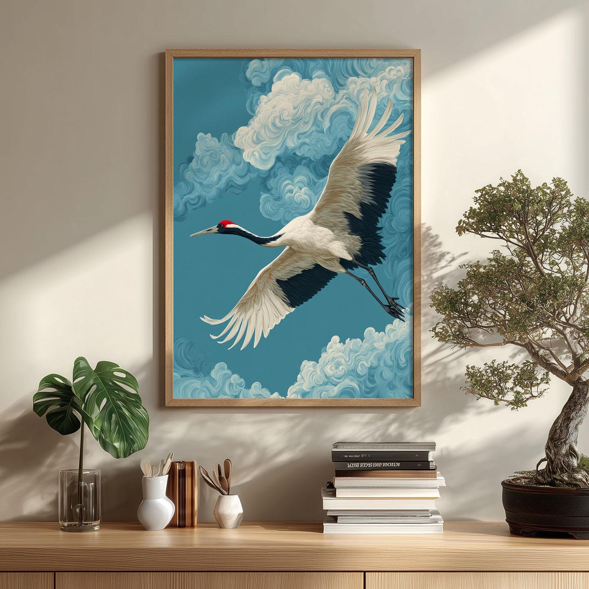 Japanese Crane Print, Majestic Flying Bird Wall Art, Dramatic Blue Sky Decor