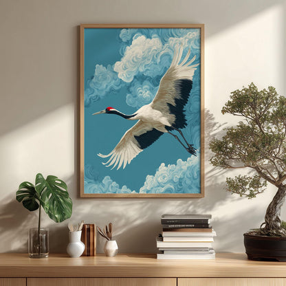 Japanese Crane Print, Majestic Flying Bird Wall Art, Dramatic Blue Sky Decor